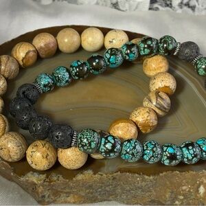 HANDCRAFTED PICTURE JASPER BLACK GLASS AND LAVA STONE BRACELETS